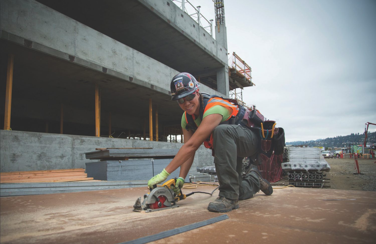 Tradeswoman looking at camera